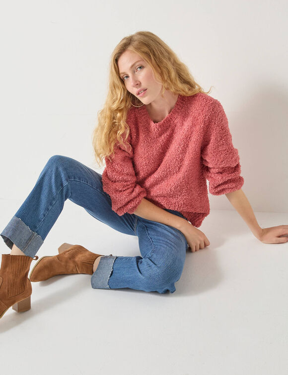 Pull manches longues maille bouclette, épaules tombantes (rose)