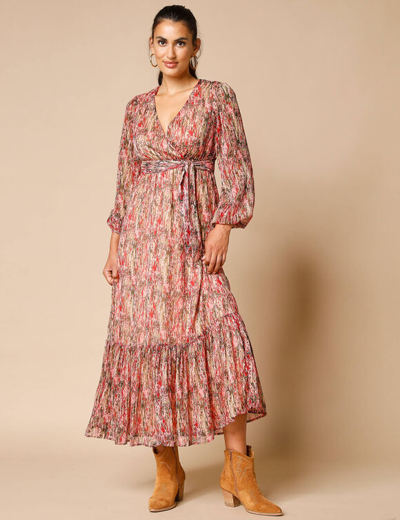 Robe longue décolleté cache-coeur, voile imprimé (kaki / bordeaux)