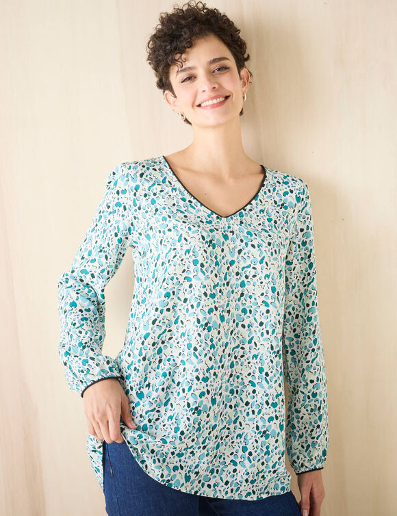 Tunique imprimé minimaliste, crêpe (écru / vert)