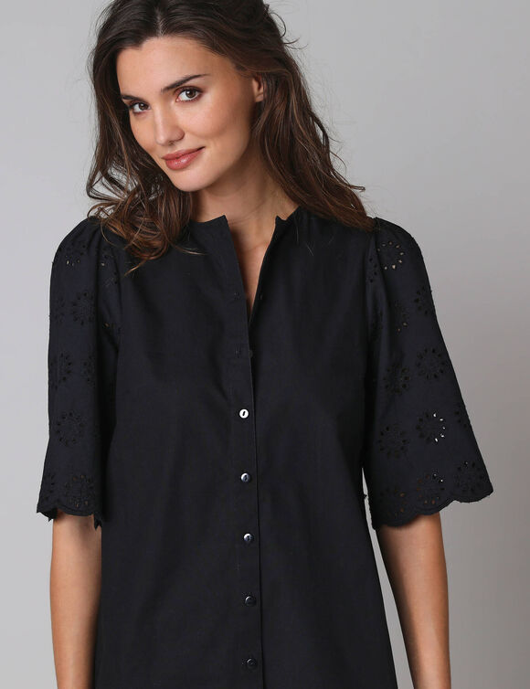 Robe-chemisier en coton uni, &agrave; manches coudes en broderies anglaises (zwart)