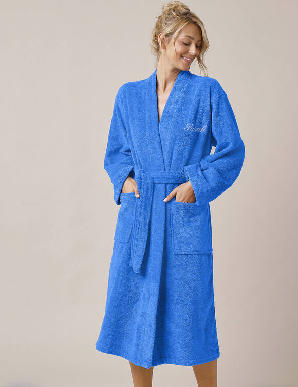 Effen badjas in lusjesbadstof met kimonokraag, volwassenen, gepersonaliseerd (felblauw)