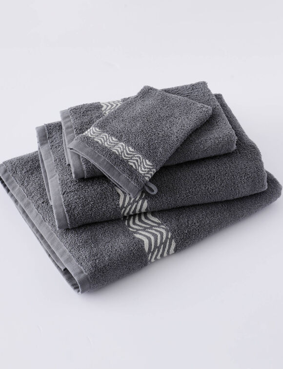 Collection serviettes de bain unies 420 g/m2 liteau fantaisie brod&eacute; (anthracite)