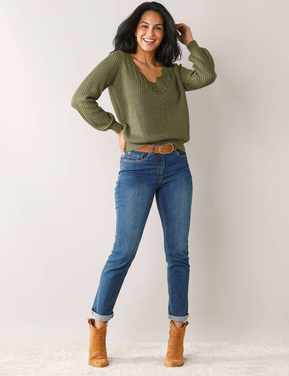 Pull détails ajourés, maille perlée (kaki)