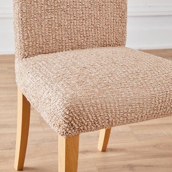 Bedrukte en gewafelde bi-rekbare stoelhoes in microvezel (beige)