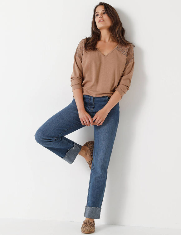 T-shirt col V manches longues dentelle (noisette chiné)