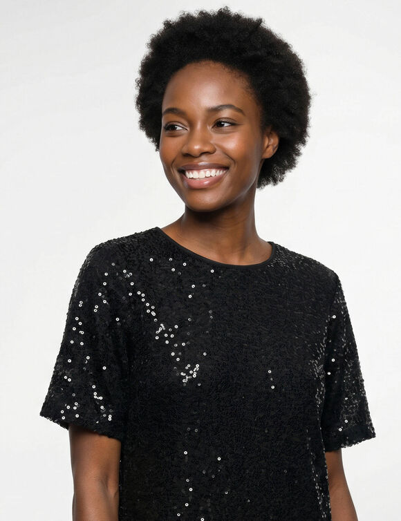 Robe housse &agrave; sequins, manches coudes &eacute;vas&eacute;es (noir / noir)