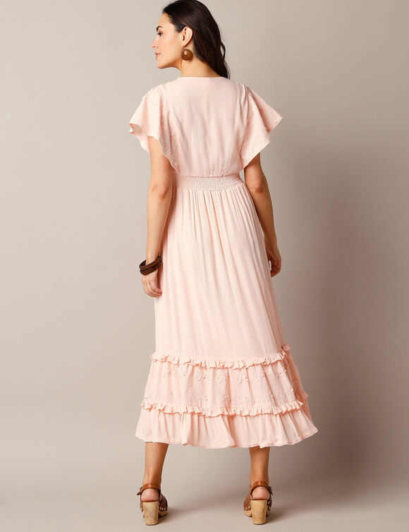 Robe longue crépon, manches volantées, broderie 3D (rose poudré)