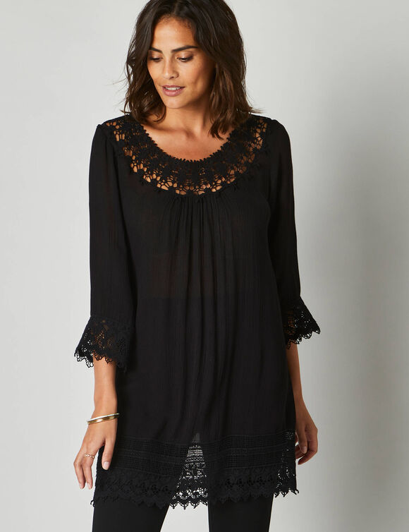 Tunique macramé manches 3/4, crépon (noir)