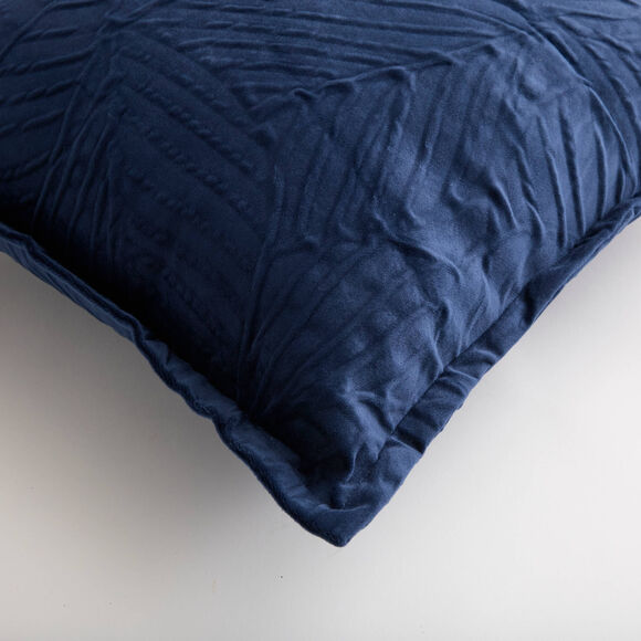 Coussin carr&eacute; en velours, motif feuillage reli&eacute;f&eacute; (bleu marine)
