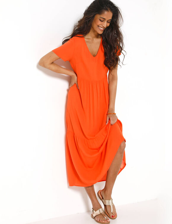 Robe col V longue unie, cr&eacute;pon (orange)