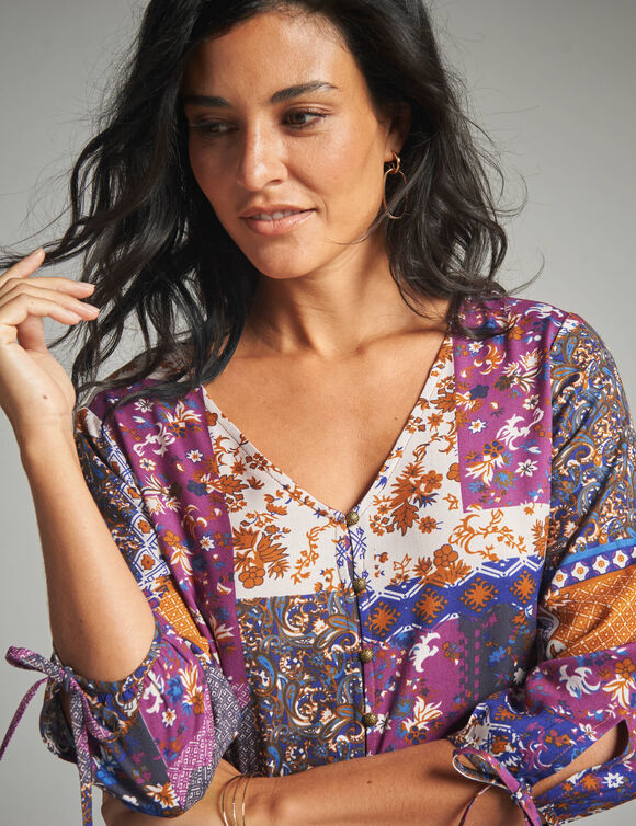 Robe longue imprimé patchwork col V (marine / violet)