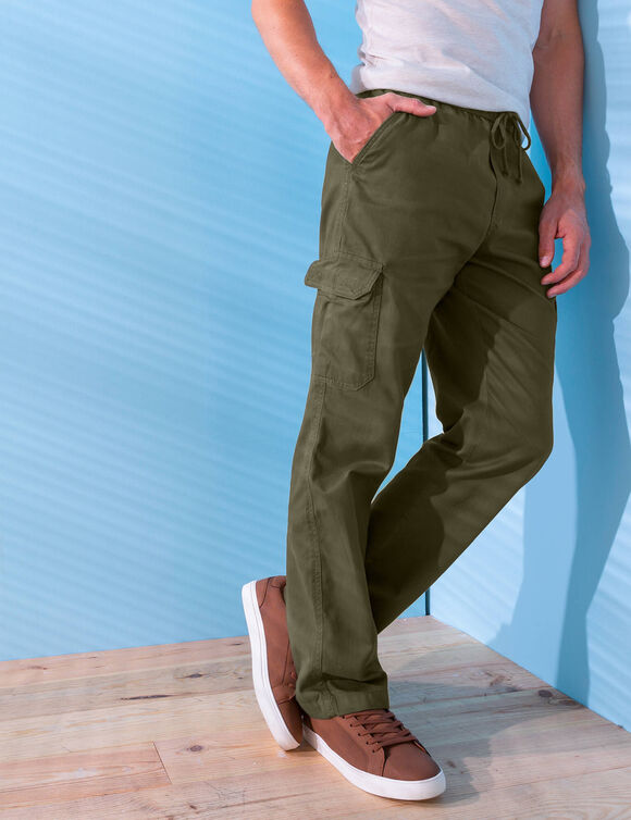 Pantalon cargo gabardine élastiqué (kaki)