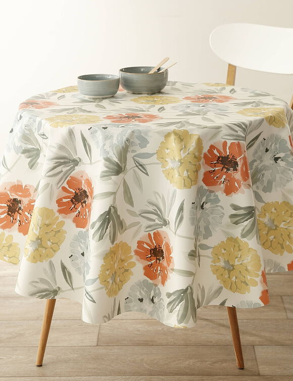 Tafellaken in toile cir&eacute;e met grote bloemenprint (geel / koraal)