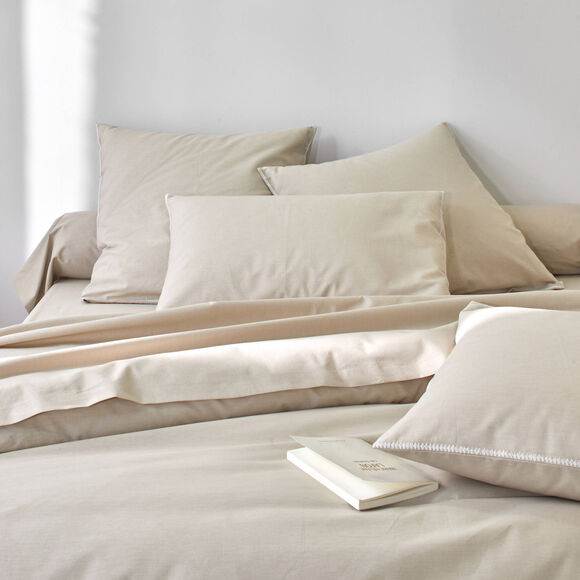 Linge de lit uni coton lav&eacute; (beige)