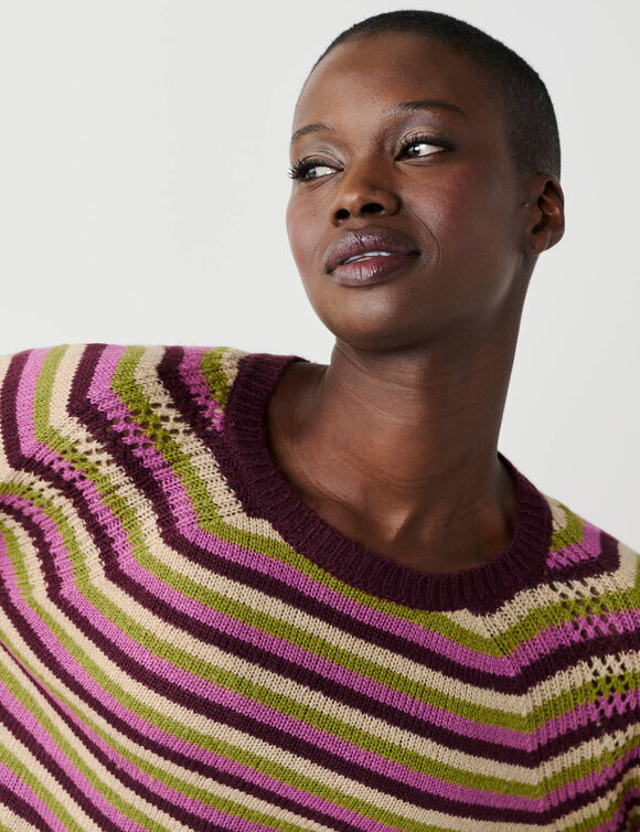 Pull ray&eacute; col rond, maille fantaisie toucher doux (naturel / bordeaux)