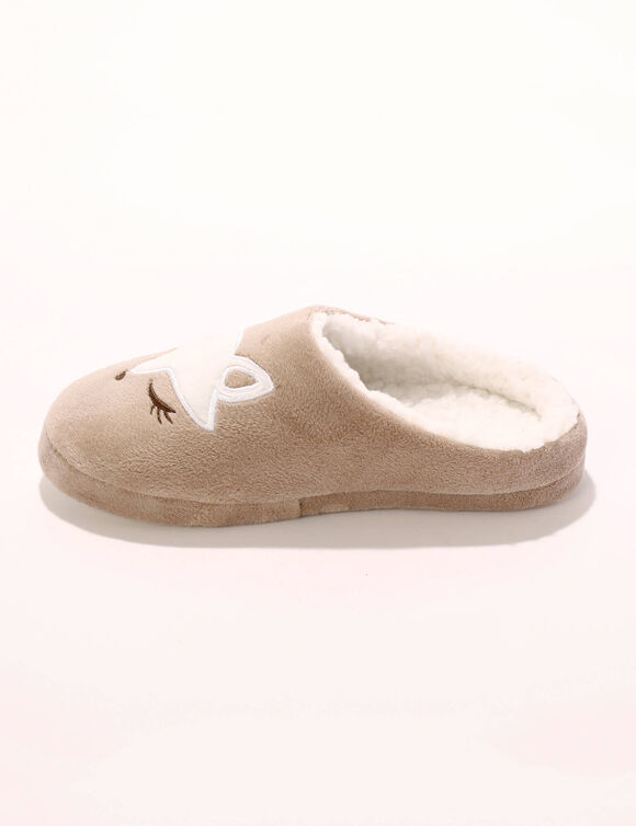 Chaussons mules polaire brod&eacute;s t&ecirc;te de renard (taupe)
