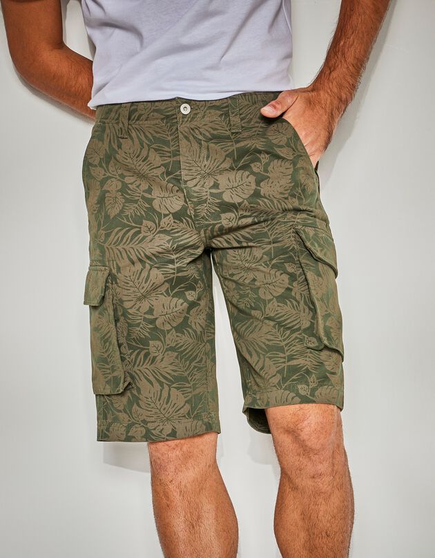 Bermuda in canvas met bladerenprint (donkerkaki)