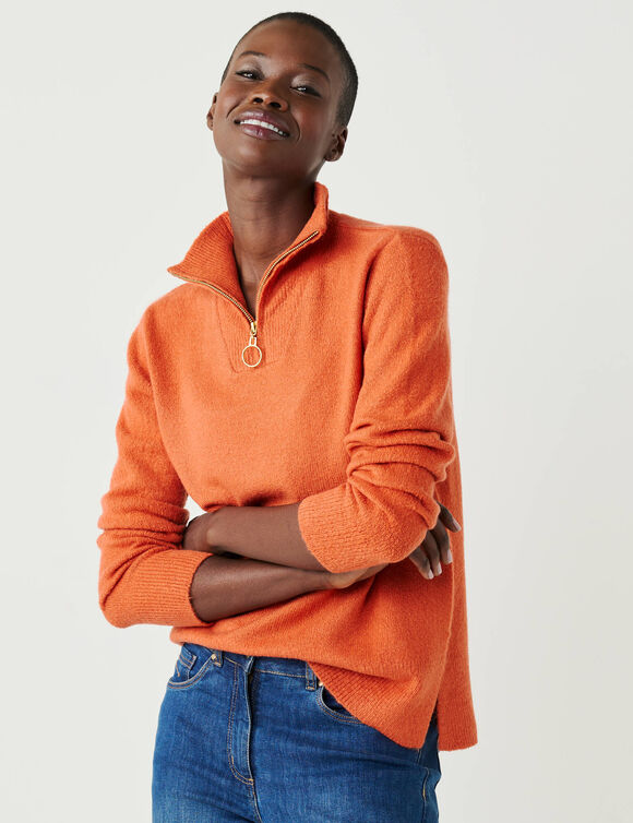 Pull col camionneur zipp&eacute;, maille moelleuse (paprika)