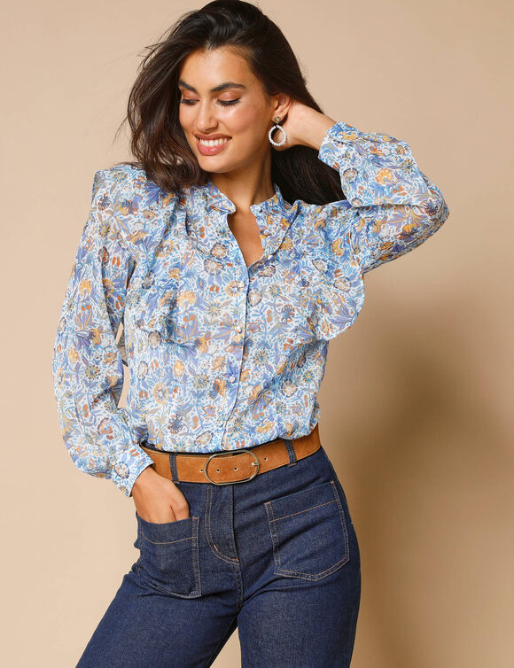 Bloes met stroken, bedrukte voile (ecru / blauw)