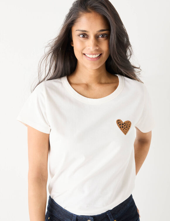 T-shirt uni brodé coeur manches courtes (écru / chocolat)
