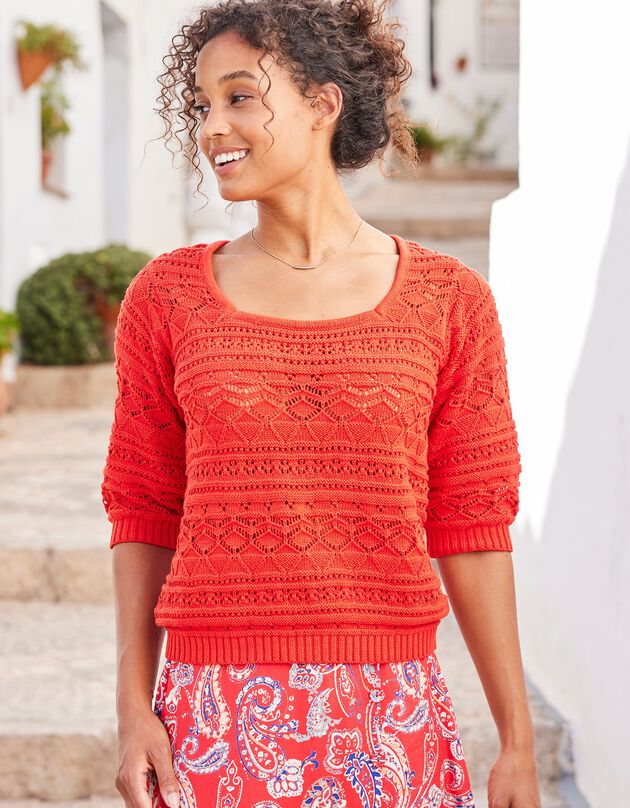 Trui in fantasietricot met rits, mouwen op ellebooglengte (rood)
