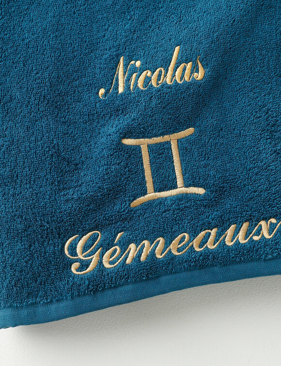 Serviettes de bain brodées Gémeaux personnalisable - 420g/m2 (bleu paon)
