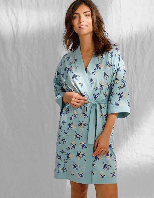 Kimono manches 3/4 imprimé en coton biologique, bleu grisé, hi-res