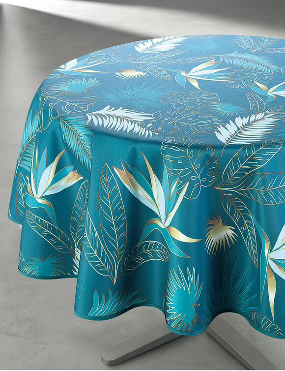 Tafellaken Vahinée in polyester met bladerenprint (blauw)