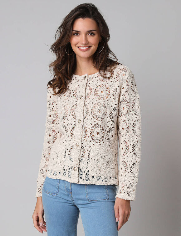 Veste boutonn&eacute;e &agrave; poches, en macram&eacute; (ecru)