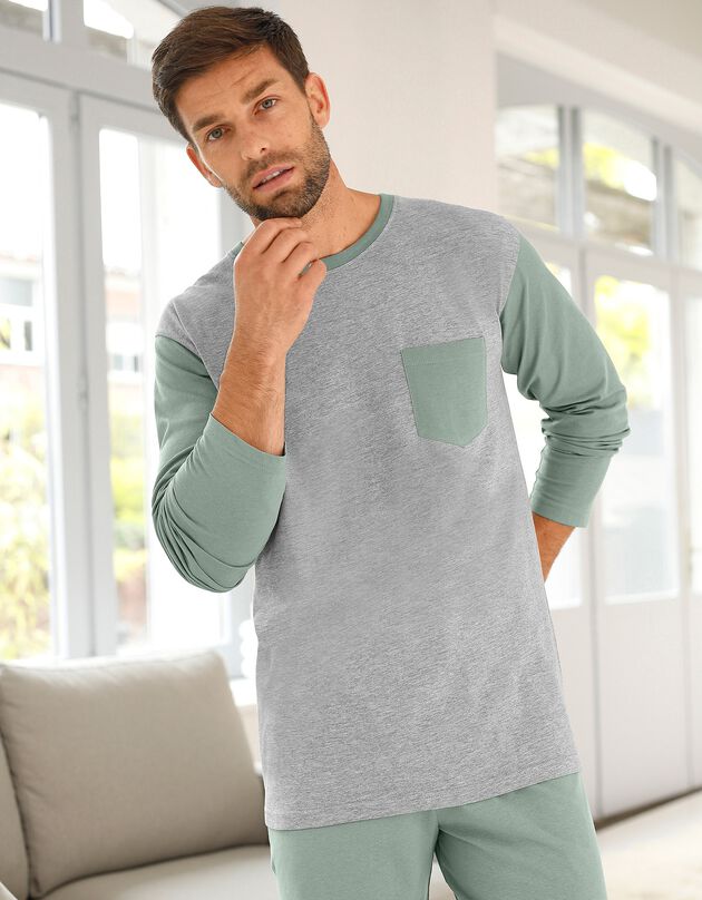 Tweekleurig pyjamashirt met lange mouwen (grijs / groen)
