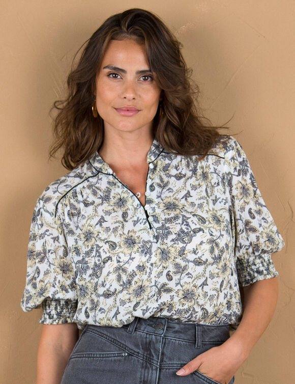 Blouse imprimée manches coudes, crépon (écru / noir)
