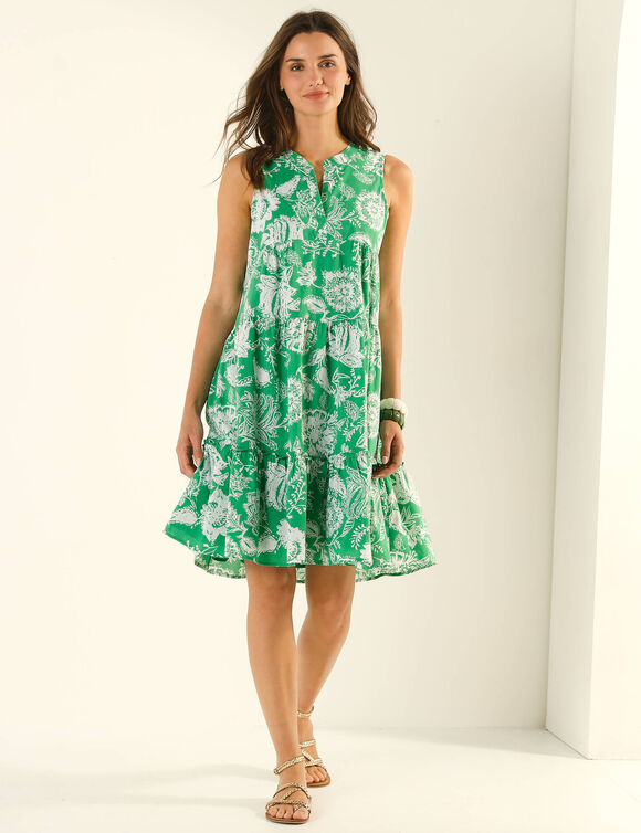 Robe sans manches volant&eacute;e, batiste imprim&eacute;e (groen)