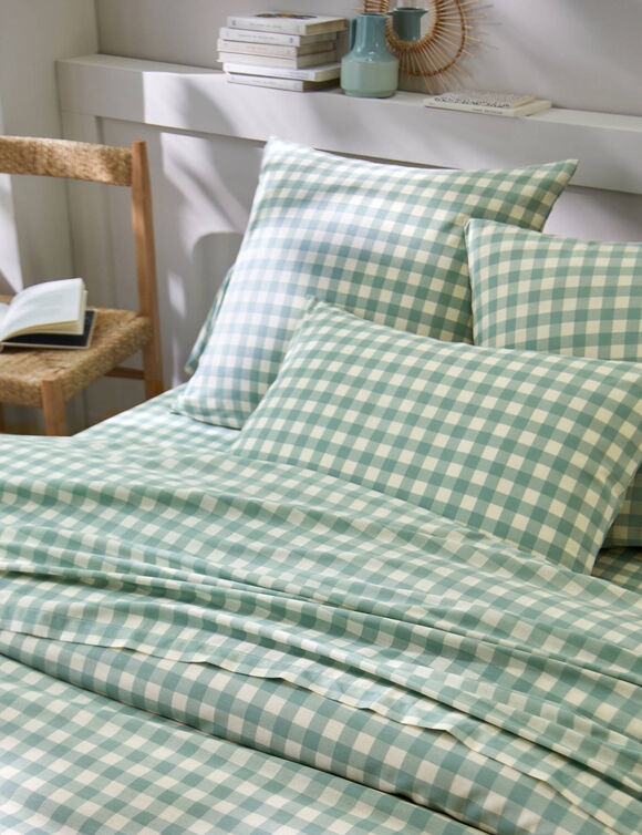 Linge de lit Lou imprimé carreaux - en coton (vert grisé)