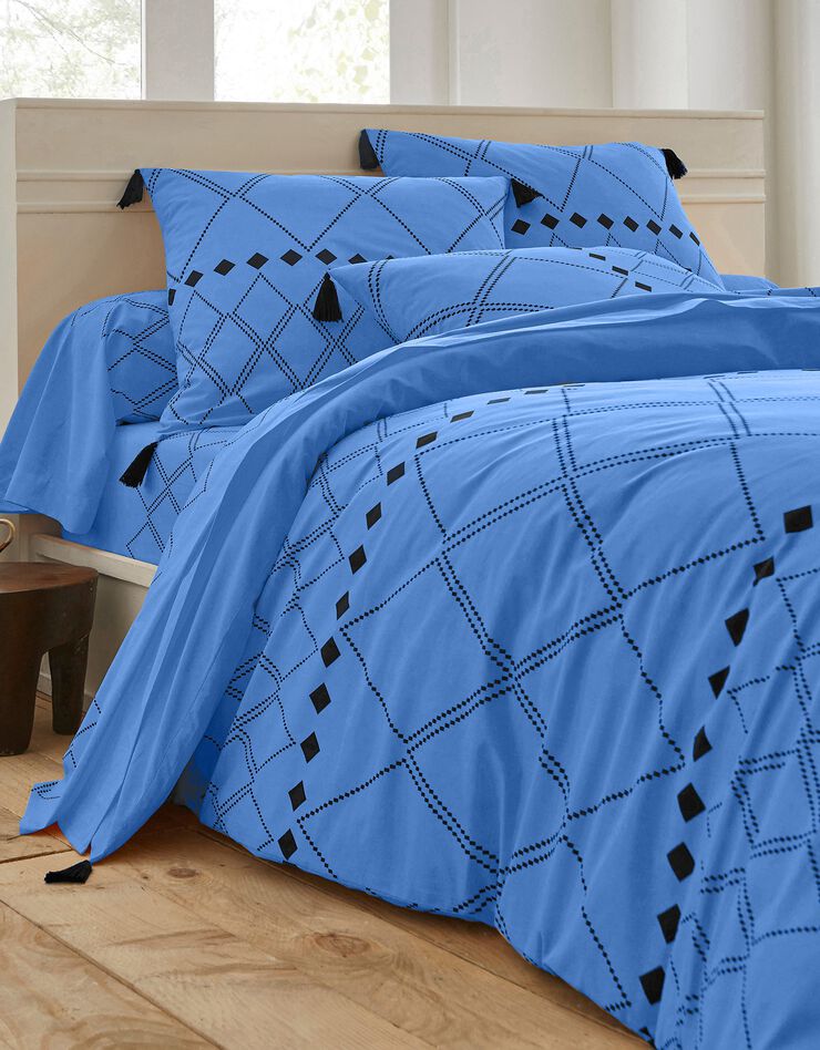 Linge de lit Massai coton à motifs graphiques et finitions pompons, bleu océan, hi-res image number 1