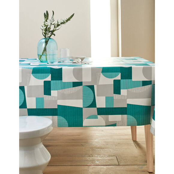 Tafellaken in toile cir&eacute;e met duo patchwork print (grijs / blauw)