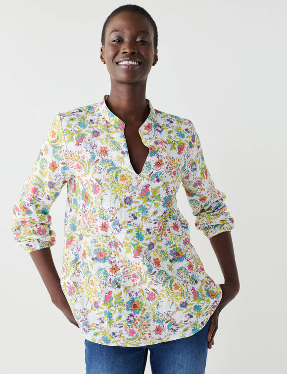 Tuniek met bloemenprint, Tunesische hals (ecru / groen)