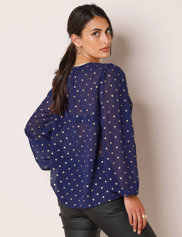 Bloes met goudkleurige stippenprint, in voile (nachtblauw)