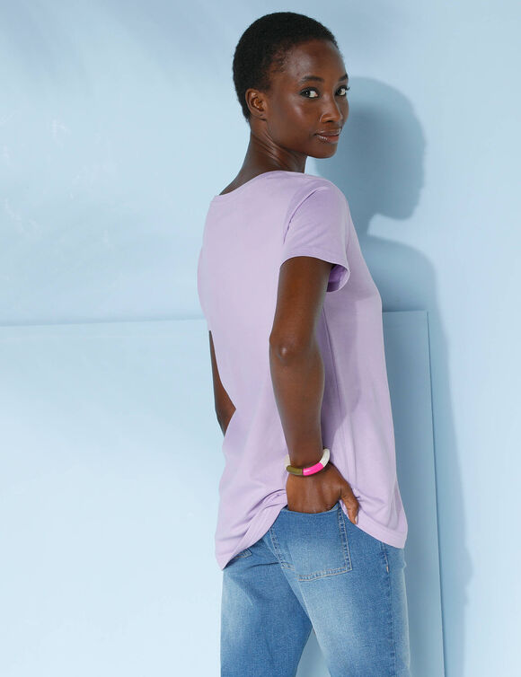 T-shirt col V uni manches courtes, coton (mauve)