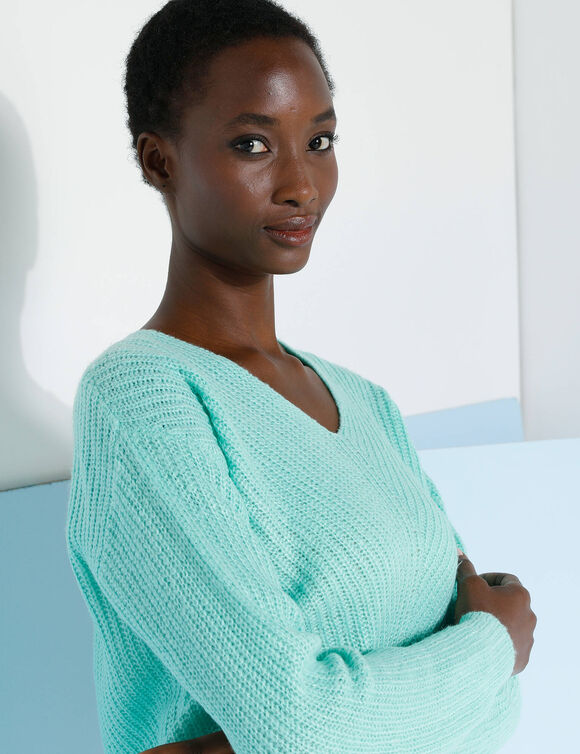 Pull col V, maille anglaise toucher doux (vert d'eau)