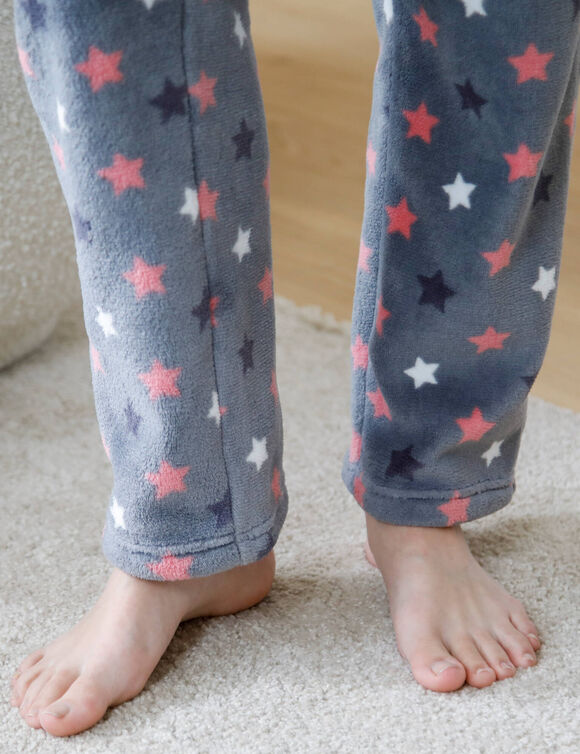 Pyjama pantalon polaire "&eacute;toiles", toucher peluche (gris / rose)