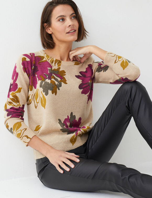 Pull imprim&eacute; fleurs (beige / prune)