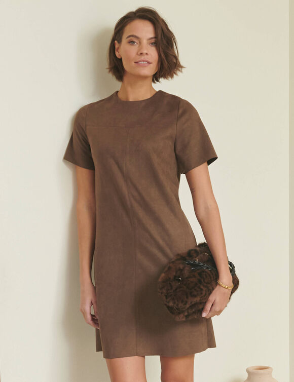 Effen jurk met korte mouwen, su&egrave;de-look (chocolade)