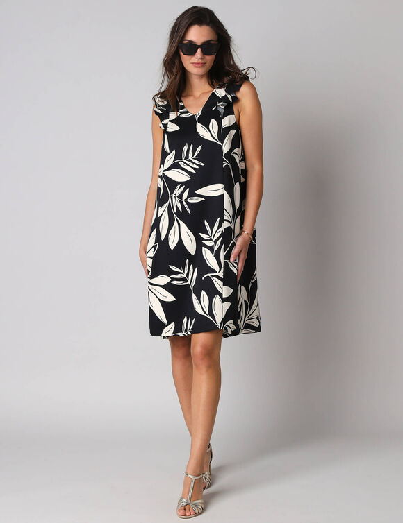 Robe courte col V imprim&eacute; feuillage, &agrave; mancherons volant&eacute;s (noir / &eacute;cru)