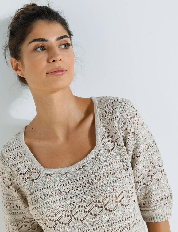 Pull col carré uni, maille ajourée (beige)