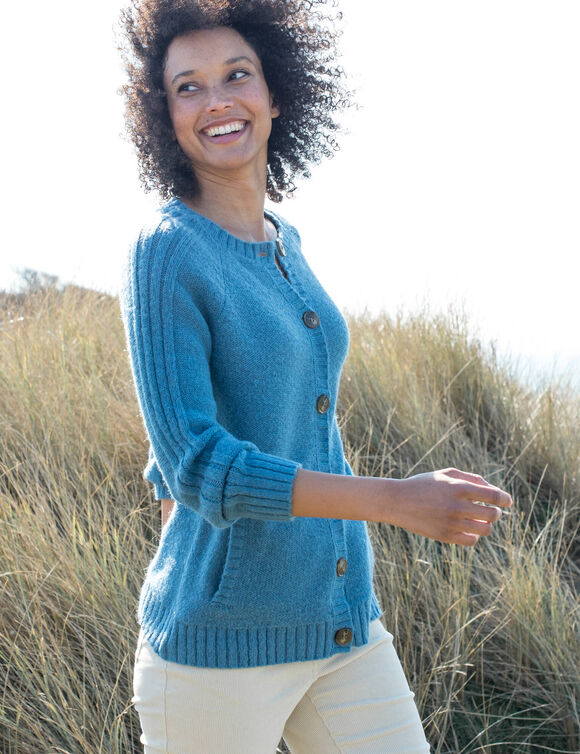 Gilet boutonn&eacute; manches longues, laine et mohair m&eacute;lang&eacute;s (bleu glacier)