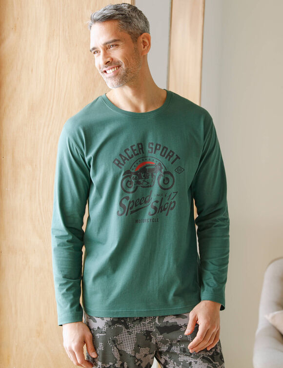 T-shirt pyjama impression placée manches longues (vert foncé)