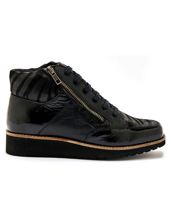 Boots cuir zippées et lacées grande largeur, motifs zébrés (noir)