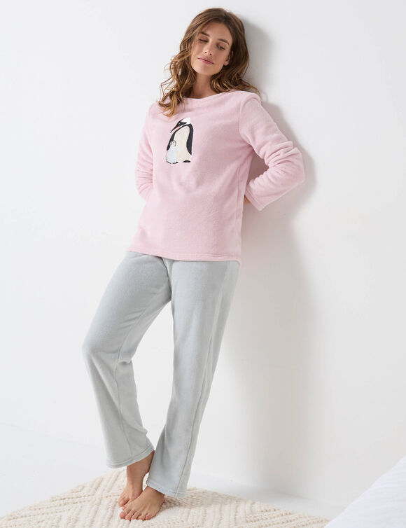 Pyjama pantalon polaire motif "pingouins" manches longues (rose / gris)