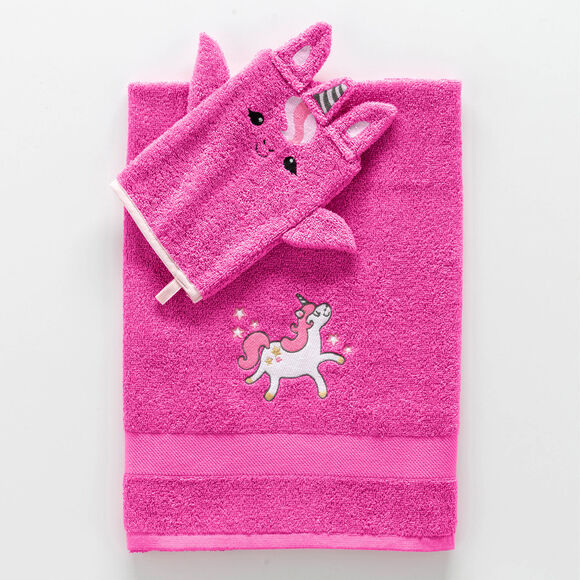 Collectie in badstof voor kinderen, met geborduurd eenhoornmotief, katoen - 380 g/m2 (fuchsia)