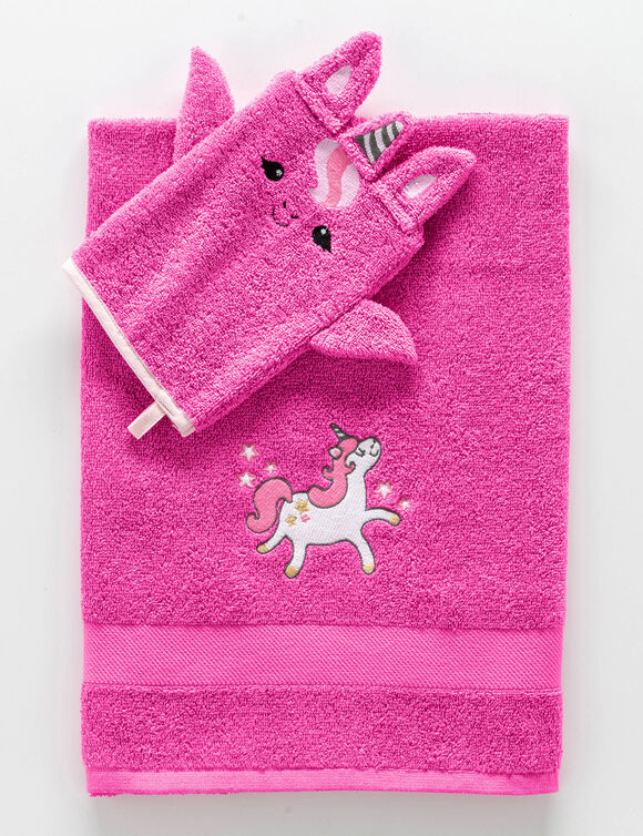 Collectie in badstof voor kinderen, met geborduurd eenhoornmotief, katoen - 380 g/m2 (fuchsia)